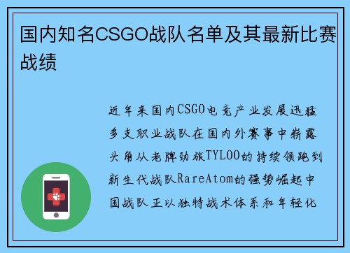 国内知名CSGO战队名单及其最新比赛战绩