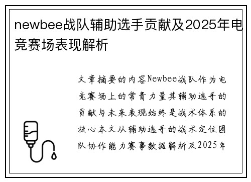 newbee战队辅助选手贡献及2025年电竞赛场表现解析