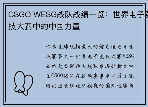 CSGO WESG战队战绩一览：世界电子竞技大赛中的中国力量